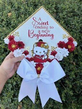 Hello Kitty Graduation Cap Topper - Red & White Floral